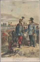 Kenraali György Klapka luovuttamassa Komáromin linnoitusta sotamarsalkka Jacob Julius von Haynaulle 2. lokakuuta 1849.