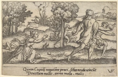 Atalanta ja Hippomenes, etualalla Atalanta polvistumassa poimimaan omenaa ja..., n. 1535-62.