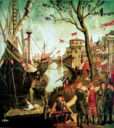 Pyhän Ursulan saapuminen Kölniin hunnien piirityksen aikana Legenda Pyhästä Ursulasta, 1490