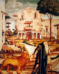 Yksityiskohta St. Jerome Taming the Lionista, n. 1501-09 (60932:n yksityiskohta)
