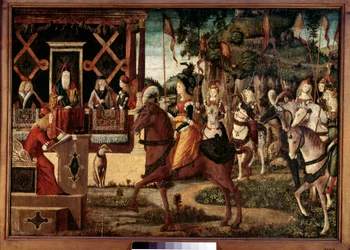 Hippolyten suurlähetystö, Amazonien kuningatar Theseessa, Athenen kuningas Vittore Carpaccion maalaus (1450-1526) 1500-luvun Pariisi, Musee Jacquemart Andre.