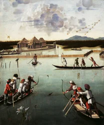Metsästys laguunilla, n. 1490-5 (öljy paneelille)
