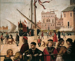 Italia, Venetsia, kohtauksia Pyhän Ursulan elämästä (Golden Legend, Jacobus de Voragine) Englannin suurlähettiläiden saapuminen, yksityiskohta satama