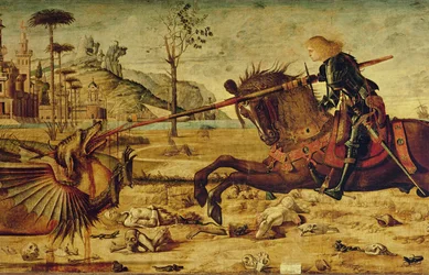 Pyhä Yrjö surmaa lohikäärmeen, 1502-07 (yksityiskohta teoksesta 428017)