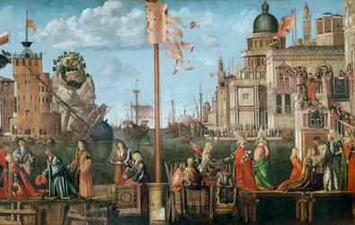 Etheriuksen ja Ursulan tapaaminen ja pyhiinvaeltajien lähtö St. Ursula Cyclesta, alun perin Scuola di SantOrsolassa, Venetsiassa, 1498 (yksityiskohta 56472)