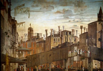 Pyhän Ristin pyhäinjäännöksen ihme Rialton sillalla Venetsiassa, yksityiskohta. Vittore Scarpazza dit Vittore Carpaccion maalaus (1460-1525)