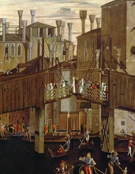 Pyhän ristin pyhäinjäännöksen ihme, vanhan Rialton sillan yksityiskohta, Scuola di San Giovanni Evangelistasta, noin 1494