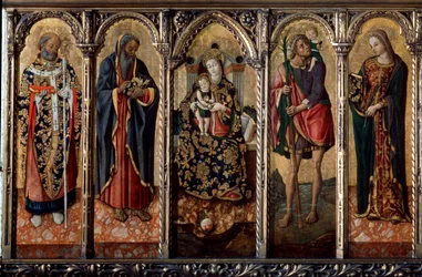 Madonna ja lapsi pyhien kanssa polyptyykki, viisi erillistä paneelia, c1480