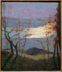 Aamu. Syksyinen maisema puilla. Vittore Grubicy Di Dragonin (1851-1920) maalaus Ec. Ital., 1900-luku. Öljy kankaalle. Mitat: 0,47 x 0,41 m. Pariisi, Musee d