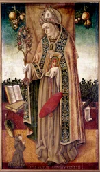 Edustus Pyhästä Bonaventuresta (San bonaventura), joka pitää lunastuspuuta Bonaventure Tolomei oli Sienan dominikaaninen, joka kuoli vuonna 1348 ruttoon”” Vittore Crivellin (1440-1502) maalaus 1500-luvun Pariisi, Musee Jacquemart Andre