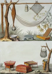 Kotitaloustyökalut ja huonekalut, Carib Tribe, Hollannin Antillit, levy 69 Jules Ferrarion teoksesta "Le Costume Ancien et Moderne", julkaistu noin 1820-30-luvulla (värilitho)