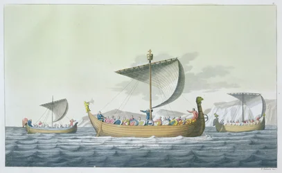 Fleet of William the Conqueror, 1066, levy 8 Jules Ferrarion teoksesta "Le Costume Ancien et Moderne", julkaistu noin 1820-30-luvulla