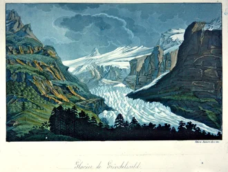 Grindelwaldin jäätikkö, kuvitus Jules Ferrarion teoksesta "Le Costume Ancien ou Moderne".
