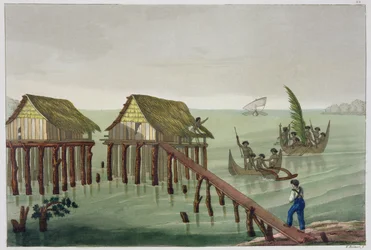 Papu-heimon asuinalueet, Rawak, levy 22 Jules Ferrarion teoksesta "Le Costume Ancien et Moderne", julkaistu noin 1820-30-luvulla