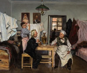 Samovarilla, kirjoittanut Makovsky, Vladimir Jegorovich (1846-1920). Öljy kankaalle