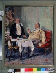 Ravintolassa (In a Restaurant). Lihava ja tyytyväinen mies, kukka napinläpeessään onnittelee tarjoilijaa illallisen päätteeksi. Maalaus Vladimir Jegorovich Makovsky (Makovsky, Makovskij) (1846-1920), öljy kankaalle