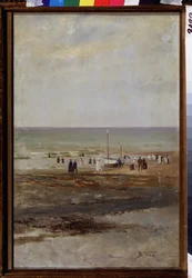 Rannalla (Rannalla). Maalaus Vladimir Jegorovich Makovsky (Makovsky, Makovskij) (1846-1920), öljy kankaalle