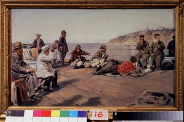 Kannella (Kannella). Kaiken luokan matkustajat rannikkoa pitkin kulkevalla veneellä. Maalaus Vladimir Jegorovich Makovsky (Makovsky, Makovskij) (1846-1920), öljy kankaalle