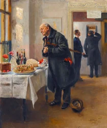 ""Gastronomi"" (Gastronomi) Mies hieroi käsiään hyvän buffetin edessä - Vladimir Makovskin (Makovskin) maalaus (1846-1920)