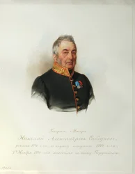 Kenraali Nikolai Aleksandrovitš Sablukovin (1776-1848) muotokuva (Keisarillisen hevosvartijoiden albumista) - Hau (Gau), Vladimir Ivanovich (1816-1895) - 1846-1849 - Akvarelli paperille - Venäjän kirjallisuuden instituutti IRLI (Puškin) -talo), Pietari