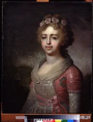 Suurherttuatar Alexandra Pavlovnan (1783-1801), keisari Paavali I:n tyttären muotokuva (Suurruhtinatar Alexandra Pavlovnan, keisari Paavali I:n tyttären muotokuva). Vladimir Lukich Borovikovsky (tai Borovikovsky) (1757-1825) maalaus. Öljy kankaalle