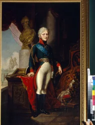 Venäjän keisarin Aleksanteri I:n (1777-1825) muotokuva. Vladimir Lukich Borovikovsky (tai Borovikovsky) (1757-1825) maalaus, öljy kankaalle, noin 1800. 1700-luvun venäläistä taidetta. Valtion Borodinon sota- ja historiamuseo, Moskova.