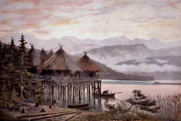 Esihistoria: kyläbati paalujen päällä Zürich-järven rannalla Pierren aikakaudella. Järvikylä, esihistoriallinen järvikaupunki. W. Kranzin maalauksesta 1900-luvulla