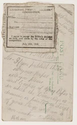Postikortti Liverpool Weekly Courier -lehden päätoimittajalle, 14. elokuuta 1918 (lyijykynä postikortissa).