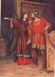 Gertrude paljastaa, että Hamlet on tappanut Poloniuksen, William Shakespearen "Hamletista", Hodder & Stoughtonin vuonna 1915 julkaisemasta painoksesta