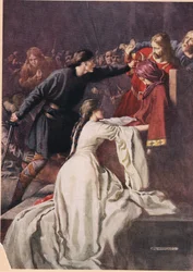 Hamlet pakottaa kuninkaan juomaan myrkkyä, William Shakespearen teoksesta "Hamlet", Hodder and Stoughtonin vuonna 1915 julkaisema painos