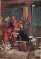 Kuningatar yrittää lohduttaa Hamletia, William Shakespearen teoksesta "Hamlet", Hodder und Stoughtonin vuonna 1915 julkaisema painos.