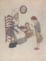 Hän istui eräänä päivänä ja teki punaisesta kankaasta parin pieniä kenkiä, c1930
