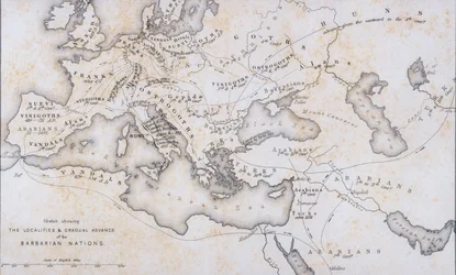 Barbaarikansojen alueet ja asteittainen eteneminen, noin 1850