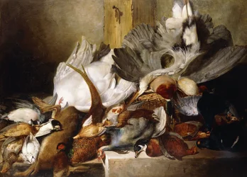 Asetelma kuolleista linnuista; seinällä riippuva haikara, ankka, fasaani, peltopyy, lehtokurppa, joutsen ja kyyhkynen sekä jänis, 1845