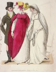 Kaksi naista yllään kävelymekot miehen seurassa, c1810