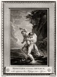 Hercules voittaa Antaeuksen, joka vastustaa hänen matkaansa Afrikkaan vuonna 1775