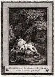 Narcissus, joka näkee heijastuksensa suihkulähteessä, ihastuu itsestään, 1775