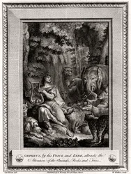 Orpheus herättää äänellään ja lyyrallaan Eläimet, kivet ja puut, 1774.