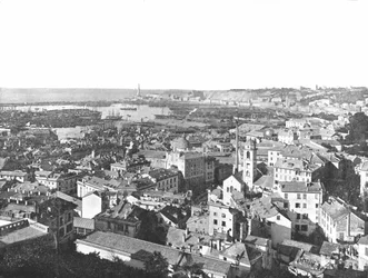 Yleiskuva Genovan kaupungista, Italiasta, 1895.