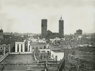 Osa vanhaa kaupunkia ja katedraalia, Barcelona, Espanja, 1895. EI
