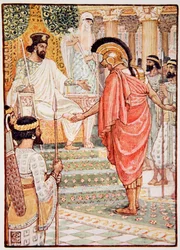 Hän seisoi hiljaa kuninkaan edessä, kuvitus Mary Macgregorin kirjasta "The Story of Greece", 1. painos, 1913 (väripainatus)