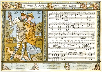 "It was a Lover and his Lass", laulukuvitus teoksesta "Pan-Pipes", Vanhojen laulujen kirja, vastikään sovitettu ja säestettynä Theo. Marzials, julkaissut Lontoossa George Routledge und Sons, 1884 (