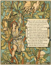 Jack laskeutumassa Beanstalkista Jack and the Beanstalk -pubista. 1875 värilitografia, 1875.