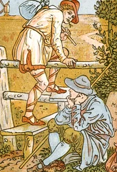 Jog On, Jog On, laulukuvitus Pan-Pipesistä, Vanhojen laulujen kirja, Theon vastikään sovitettu ja säestettynä. Marzials, julkaissut Lontoossa George Routledge & Sons, 1884 (de