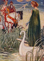 Kuningas Arthur pyytää Järven neidolta Excalibur-miekkaa, 1911.