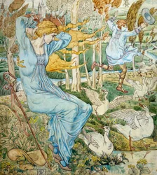 "Nuori mies yrittää saada kiinni hattuaan, joka on lentänyt tuulessa. Häntä vahtii hanhenvartija. Kuvitus Walter Crane (1845-1915) Yksityiskokoelma.