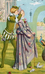 "Romanttinen yllätys" Nuori poika peittää nuoren tytön silmät. Kuvitus Walter Crane (1845-1915) ja Kate Greenaway (1846-1901).