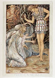 Perseus ja graiat (Boiotia, Kreikka) - Hän kohtaa kolme vanhaa naista (noitiako?) - teoksessa ”A Wonder Book for Girls and Boys”, Walter Crane (1845-1915)