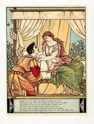Prinssi herättää kauneuden, The Blue Beard Picture Book -pubista. 1879 värilitografia, 1879.