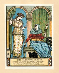 Prinsessa oppii pyörimään, The Blue Beard Picture Book -pubista. 1879 värilitografia, 1879.